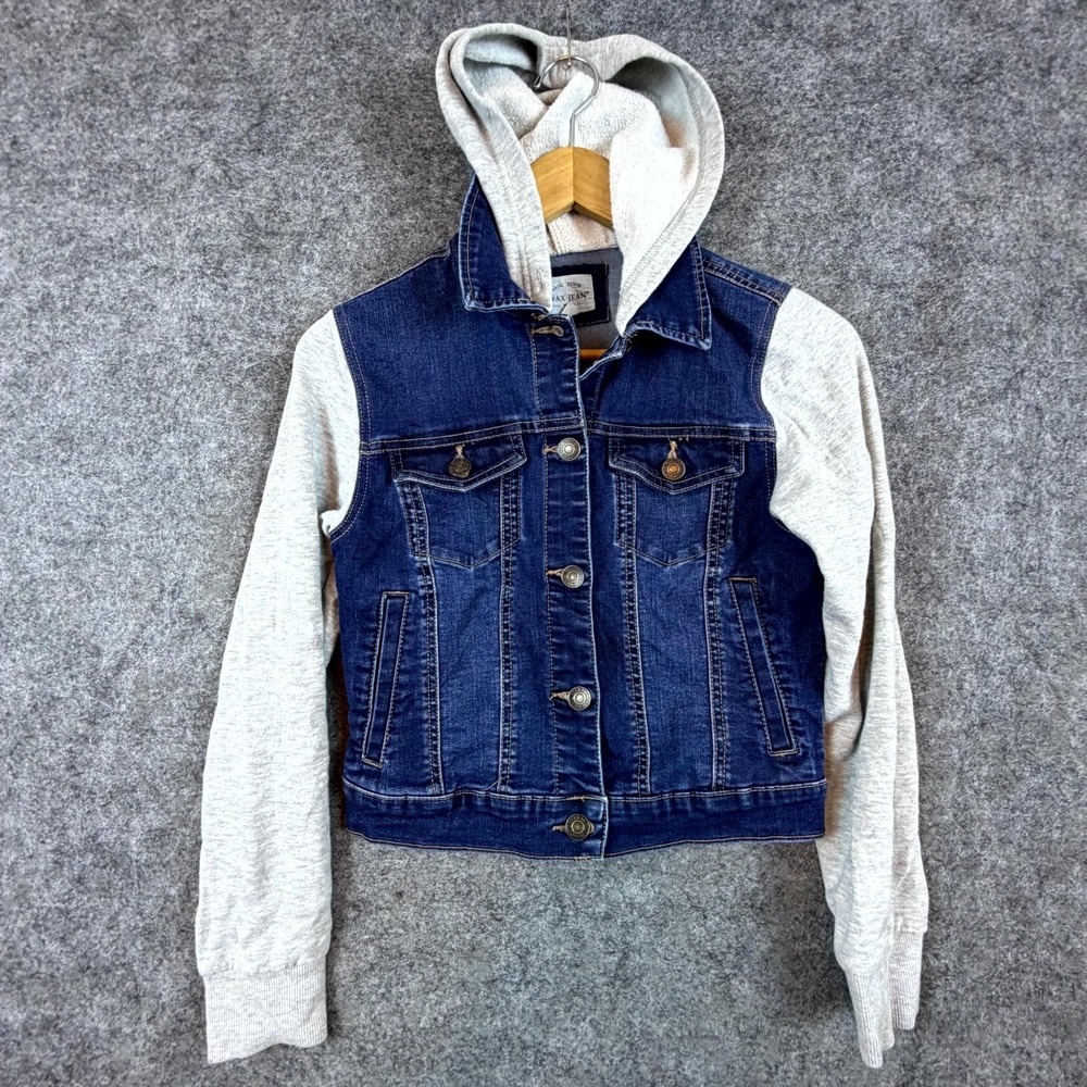 Wax Jean Hybrid Hoodie Trucker Jacket Womens Small‎ Blue Gray Denim 90s Grunge